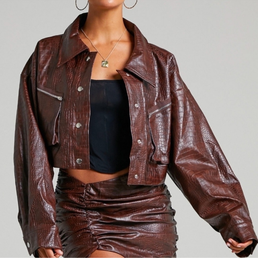 BY.DLYN Elodie Brown Croc Cropped Jacket